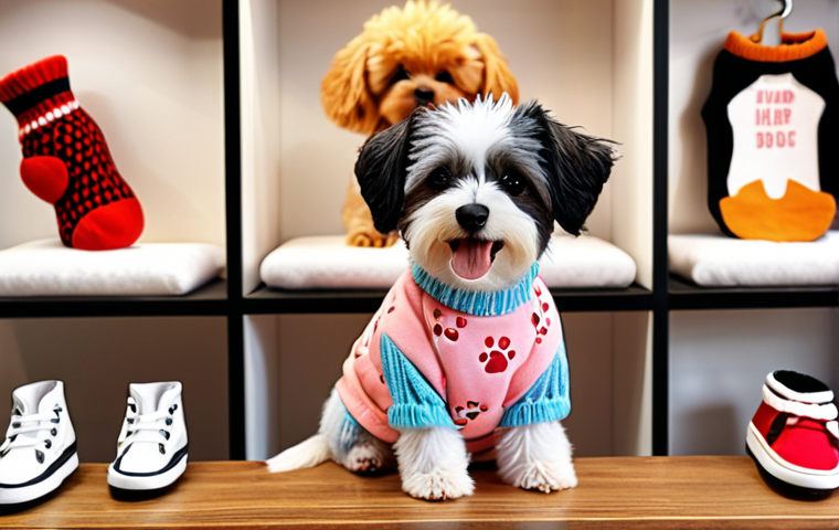 **

Handcrafted dog clothing boutique, showcasing unique designs, happy customers with stylish dogs, bright and inviting atmosphere.

**