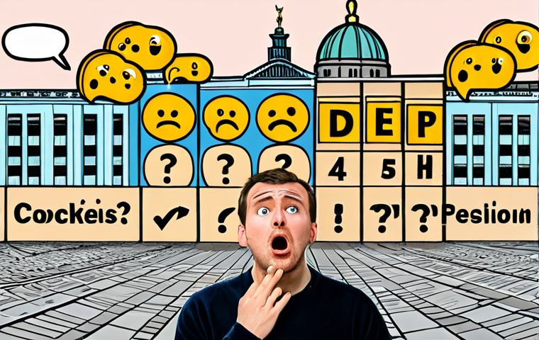 **

A frustrated person staring at a wall of confusing Cookie-Banner options on a website. The person is holding their head, with speech bubbles showing question marks and exasperated expressions. The style should be slightly cartoonish and emphasize the overwhelming nature of the consent process. The background features a distorted cityscape of Berlin. Keywords: Cookie-Banner, GDPR, Datenschutz, Frustration, Berlin.

**