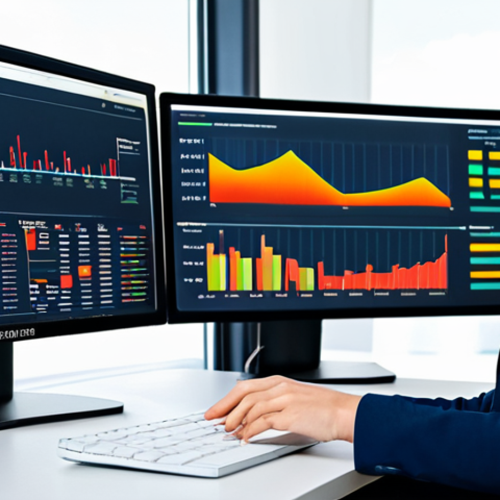 A focused professional woman in a modest business suit, seated at a modern desk. She is meticulously analyzing data displayed on a large, high-resolution monitor, which shows vibrant graphs and charts illustrating SEO keyword rankings and competitive search analytics. The screen features abstract representations of search terms and ranking positions. Her hands are resting naturally on a keyboard, indicating active work. The background is a clean, contemporary, brightly lit office space with a professional atmosphere. Fully clothed, appropriate attire, safe for work, perfect anatomy, correct proportions, natural pose, well-formed hands, proper finger count, professional photography, high quality, family-friendly content.