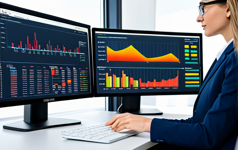 A focused professional woman in a modest business suit, seated at a modern desk. She is meticulously analyzing data displayed on a large, high-resolution monitor, which shows vibrant graphs and charts illustrating SEO keyword rankings and competitive search analytics. The screen features abstract representations of search terms and ranking positions. Her hands are resting naturally on a keyboard, indicating active work. The background is a clean, contemporary, brightly lit office space with a professional atmosphere. Fully clothed, appropriate attire, safe for work, perfect anatomy, correct proportions, natural pose, well-formed hands, proper finger count, professional photography, high quality, family-friendly content.