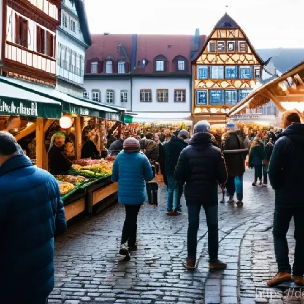 웹 생태계의 네트워크 효과 - **"A bustling, joyful scene in a picturesque German 'Marktplatz' (market square). Diverse groups of ...