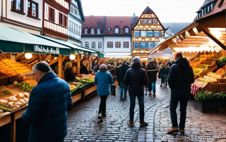 웹 생태계의 네트워크 효과 - **"A bustling, joyful scene in a picturesque German 'Marktplatz' (market square). Diverse groups of ...