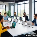 Home 18 웹 생태계에서의 소프트웨어 개발 방법론 - A modern agile software development team in a bright, open office space, collaborating around a larg...