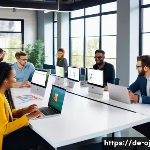 Home 28 웹 생태계에서의 소프트웨어 개발 방법론 - A modern agile software development team in a bright, open office space, collaborating around a larg...
