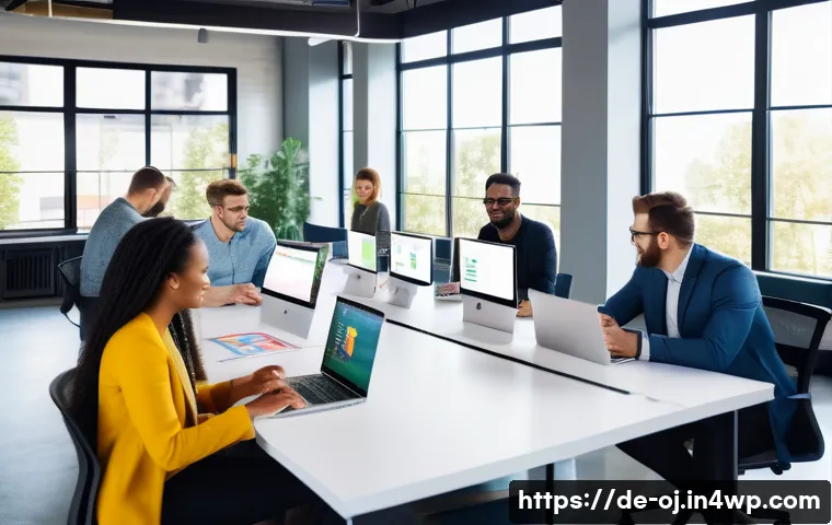 웹 생태계에서의 소프트웨어 개발 방법론 - A modern agile software development team in a bright, open office space, collaborating around a larg...