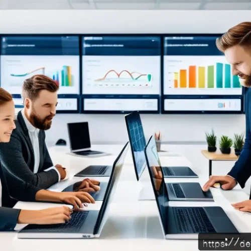 Home 27 웹 생태계의 커스터머 저니 분석 - A modern, sleek office scene showing a diverse German marketing team in a bright, minimalist workspa...