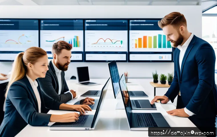 웹 생태계의 커스터머 저니 분석 - A modern, sleek office scene showing a diverse German marketing team in a bright, minimalist workspa...